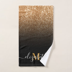 Black and Golden Glitter Monogram Bath Towel Set