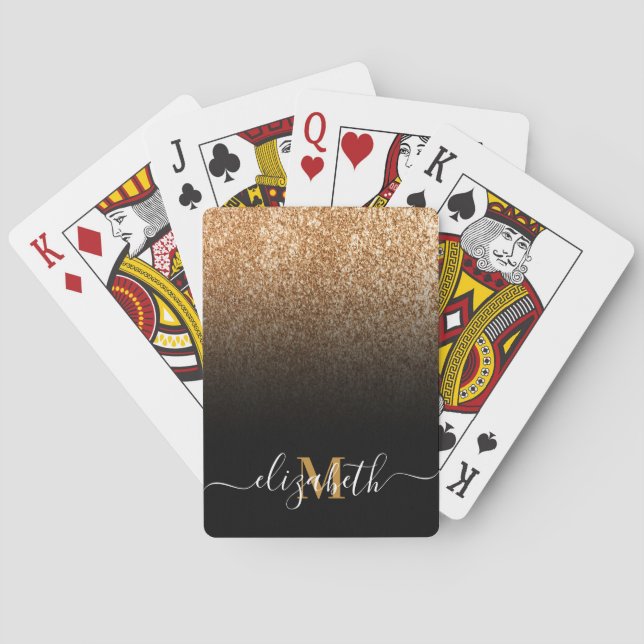 Black and Golden Glitter Monogram Playing Cards (Back)