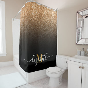 Black and Golden Glitter Monogram Shower Curtain