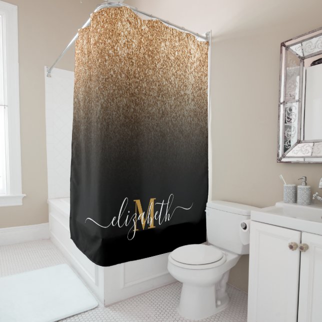 Black and Golden Glitter Monogram Shower Curtain (In Situ)