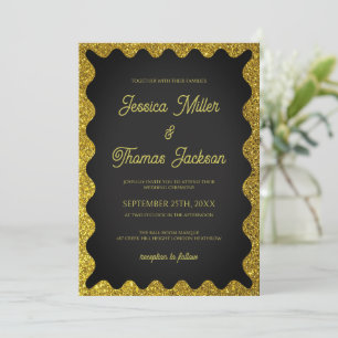 Black and Golden Glitters Wavy Squiggly Wedding Invitation