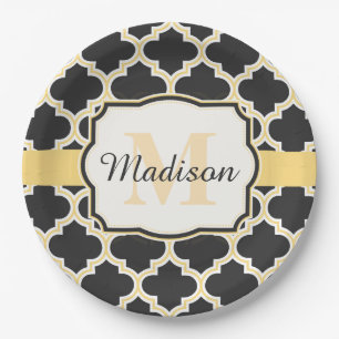 Black and Golden Moroccan Quatrefoil Paper Plate
