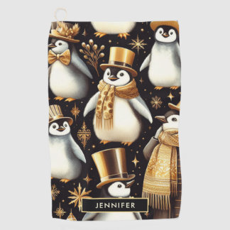 Black and Golden Penguin Golf Towel