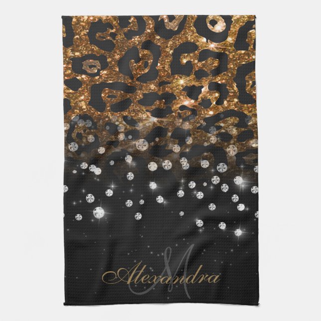Black and Golden Sparkle Leopard Print Tea Towel (Vertical)