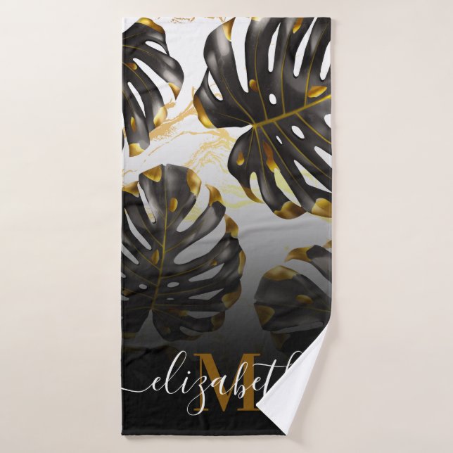Black and Golden Tropical Leaves Bath Towel (Bath Towel)