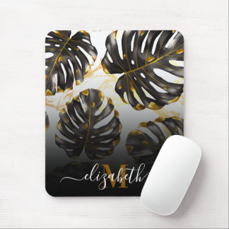 Black and Golden Tropical Leaves Mouse Pad