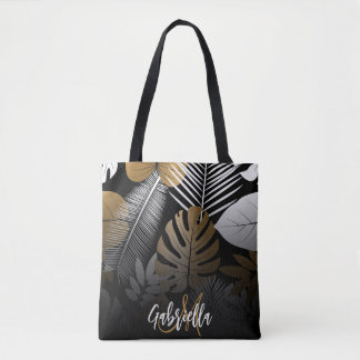 Black and Golden Tropical Leaves Tote Bag