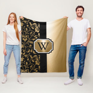 Black and Golden Vintage Floral Fleece Blanket