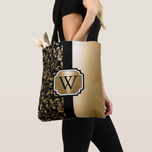 Black and Golden Vintage Floral Tote Bag
