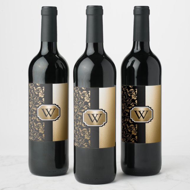 Black and Golden Vintage Floral Wine Label (Bottles)