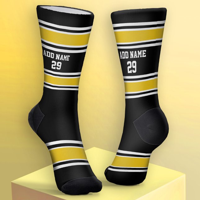 Black and Golden Yellow Sport Jersey - Name Number Socks (Custom Sport Socks - Add Jersey Name and Number)