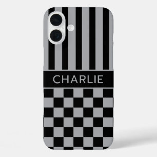 Black and Gray Checkered Striped Personalized iPhone 16 Plus Case