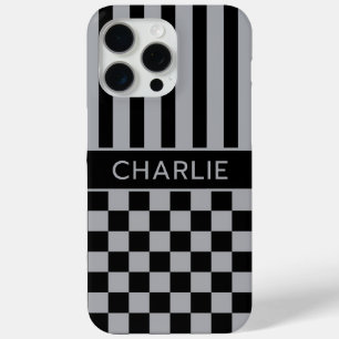 Black and Gray Checkered Striped Personalized iPhone 15 Pro Max Case