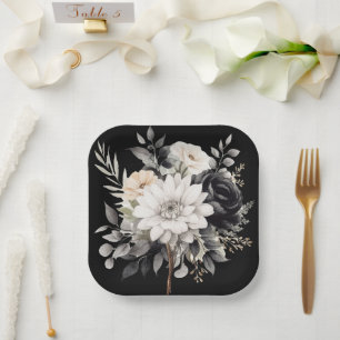Black and Gray Flowers  Paper Plate