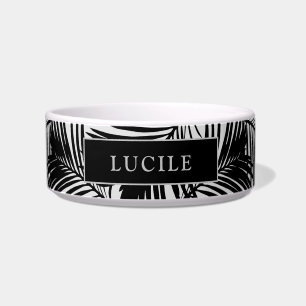 Black and Gray Modern Palm Leaf Pattern Pet Name Bowl