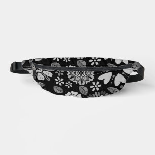 Black And Gray Retro Floral Art Seamless Pattern Bum Bags