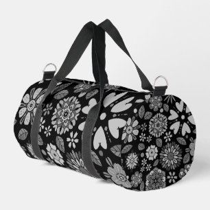 Black And Gray Retro Floral Art Seamless Pattern Duffle Bag