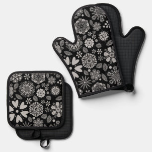 Black And Gray Retro Floral Art Seamless Pattern Oven Mitt & Pot Holder Set