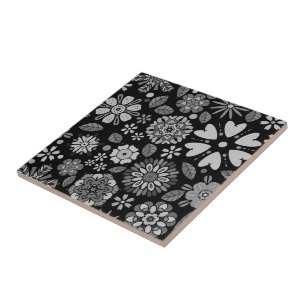 Black And Gray Retro Floral Art Seamless Pattern Tile