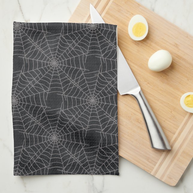 Black and Gray Spiderweb Gothic Pattern Tea Towel (Quarter Fold)