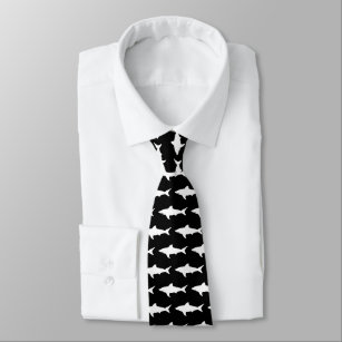 Black and great white shark fish pattern neck tie