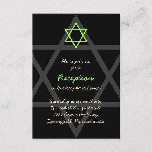 Black and Green Bar Mitzvah Reception Insert Card (Front)