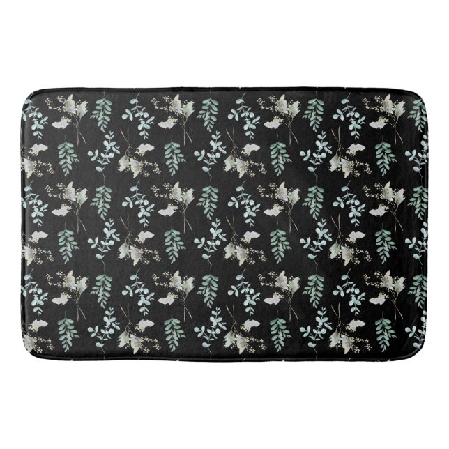 Black and Green Botanical Leaves  Bath Mat (Front)