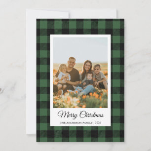 Black and green buffalo plaid photo Holiday Card