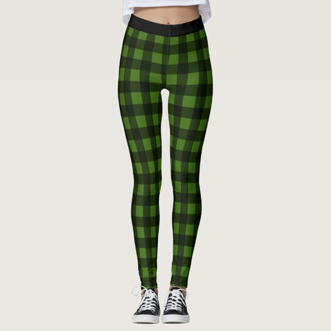 Black and Green Check Buffalo Plaid Leggings (Front)