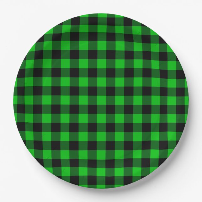 Black and Green Check Paper Plates Modern Design (Front)