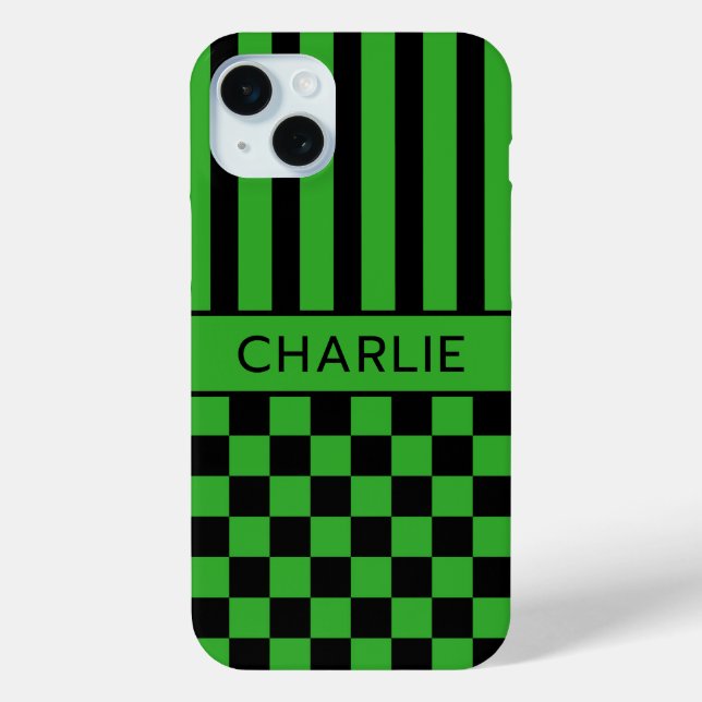 Black and Green Chequered Striped Personalised Case-Mate iPhone Case (Back)
