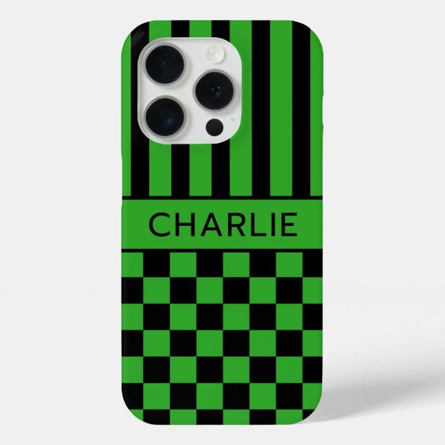 Black and Green Chequered Striped Personalised Case-Mate iPhone Case (Back)
