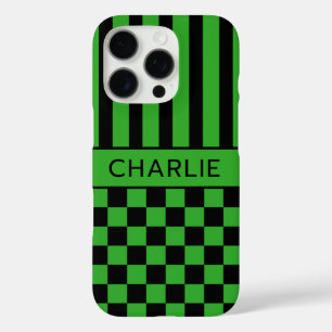 Black and Green Chequered Striped Personalised iPhone 16 Pro Case