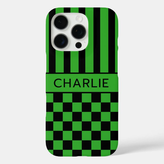 Black and Green Chequered Striped Personalised Case-Mate iPhone Case (Back)