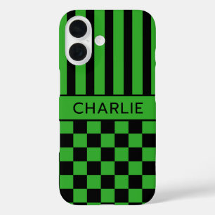 Black and Green Chequered Striped Personalised iPhone 16 Case