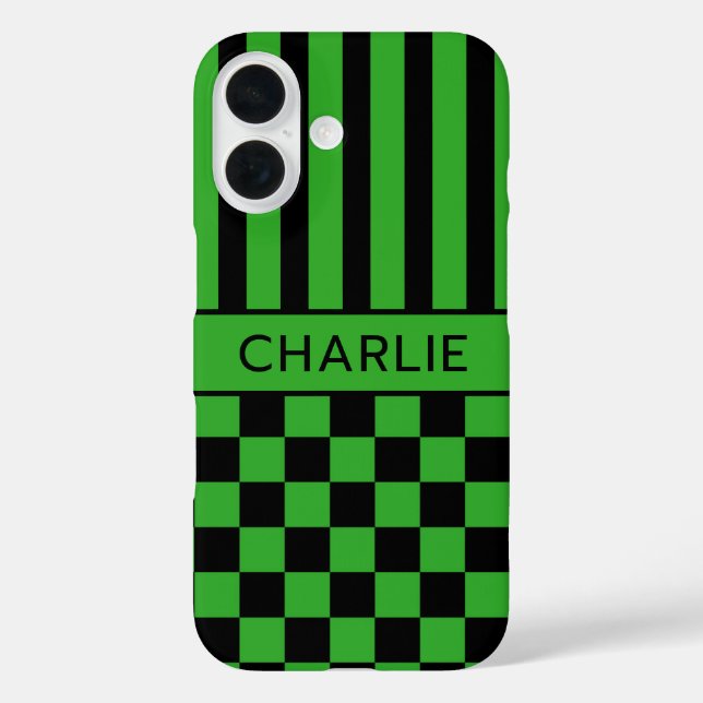 Black and Green Chequered Striped Personalised Case-Mate iPhone Case (Back)