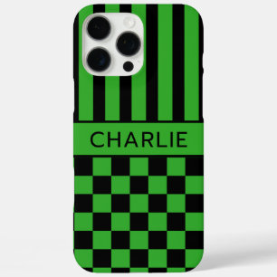 Black and Green Chequered Striped Personalised iPhone 16 Pro Max Case