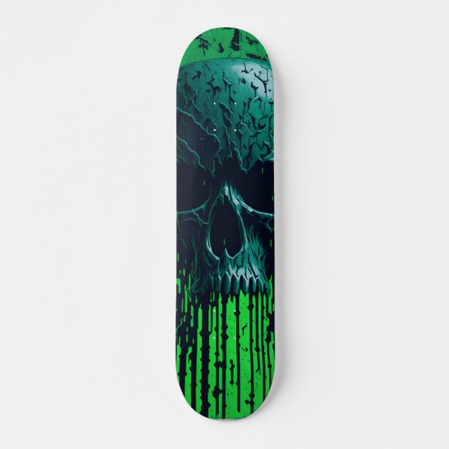  Black and Green Computer Code Skull #3 Skateboard (Front)