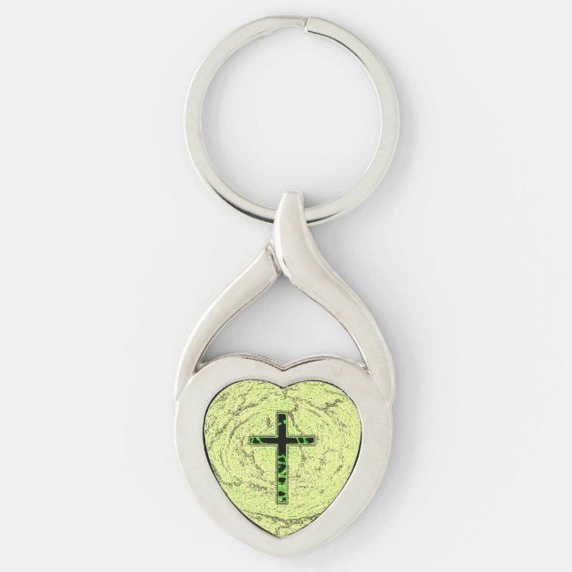 BLACK AND GREEN CROSS WITH MARBLE BACKGROUND KEY RING (Front)