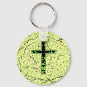 BLACK AND GREEN CROSS WITH MARBLE BACKGROUND KEY RING