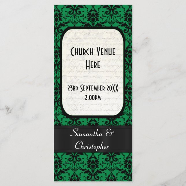 Black and green damask church wedding program programme (Front)