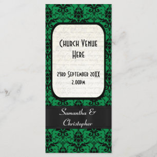 Black and green damask church wedding program programme