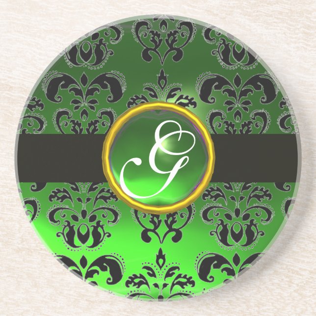 BLACK AND GREEN DAMASK  Emerald Monogram Coaster (Front)