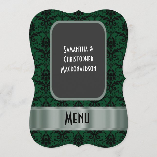 Black and green damask formal wedding menu (Front)