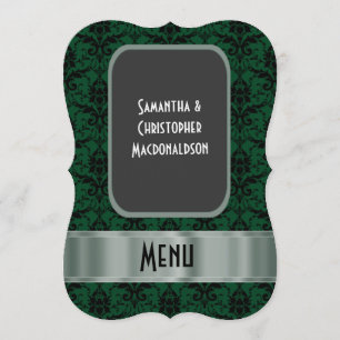Black and green damask formal wedding menu