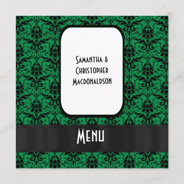 Black and green damask formal wedding menu (Front)