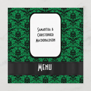 Black and green damask formal wedding menu