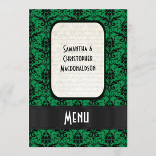 Black and green damask formal wedding menu