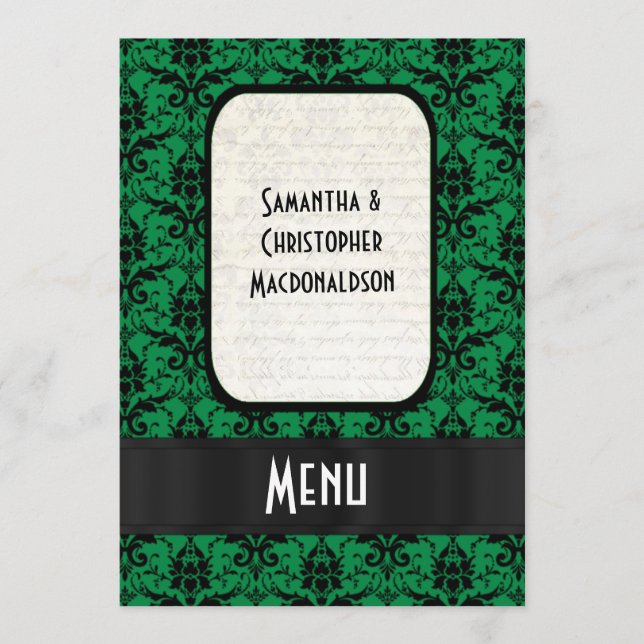Black and green damask formal wedding menu (Front)