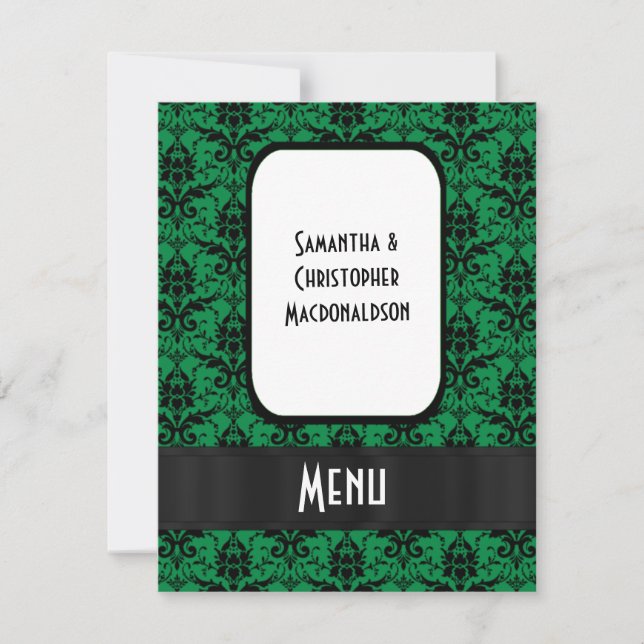 Black and green damask formal wedding menu invitation (Front)